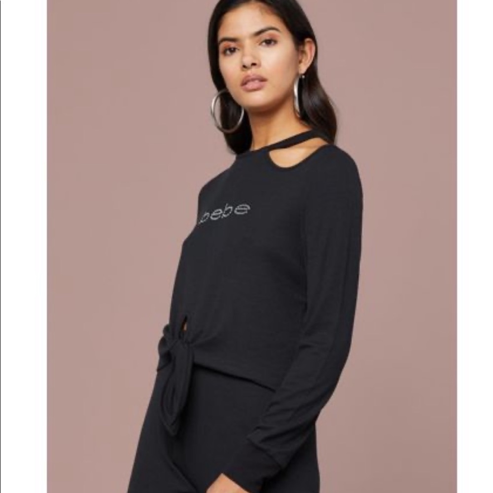 Bebe Logo Light Thermal Tie Waist Top Black Size L